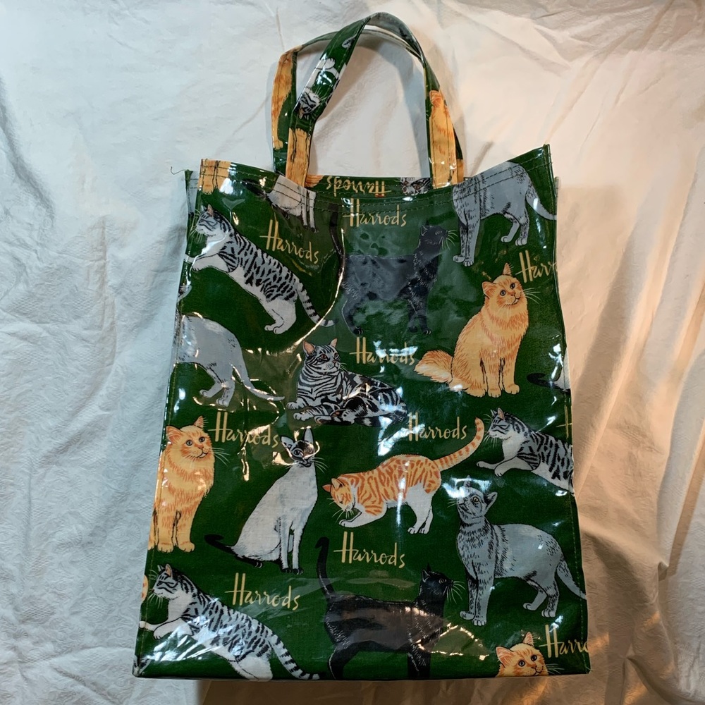 Harrods Vinyl Tote Shopping Bag Cat Print Green
